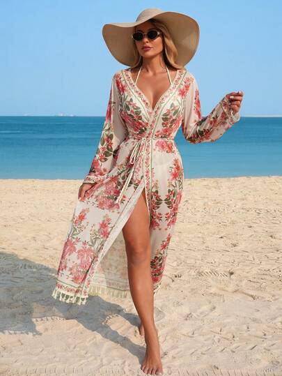 Swim Lushoire 女士印花和服罩衫，配可拆卸腰带，适合海滩、派对、度假等场合。