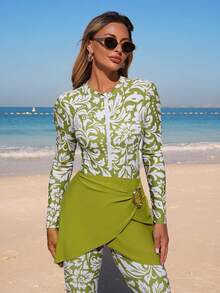 Swim Mulvari Set de 3 piezas de bikini de playa de verano para mujer, parte superior de manga larga con cremallera y estampado aleatorio, pantalón largo + falda con decoración metálica de unicolor, traje de baño modesto de resort para mujeres, conjunto de vacaciones de verano para mujeres, traje de baño modesto para mujeres - Multicolor - Ver 4