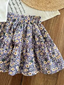 SHEIN LMoss Kids LMoss 女嬰針織純色細肩帶背心 + 印花雪紡迷你裙 2 件套 - 紫色 - 查看 3