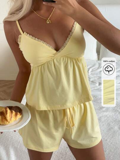 CovetEZ 2/Pcs Women's Clothing 2026 New Spring Two-Piece Set, Casual Basic Versatile Comfortable Sleepwear Adjustable Women's Sweet Spring Solid Color Lace-Trimmed Camisole Top And Shorts Set Women Summer Sets