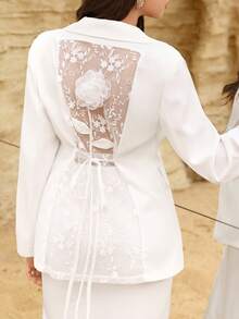 Modelyn Women's Fashion Embroidered Patchwork 3D Floral Decor Slim Fit Blazer Jacket, Spring/Summer - White - View 4