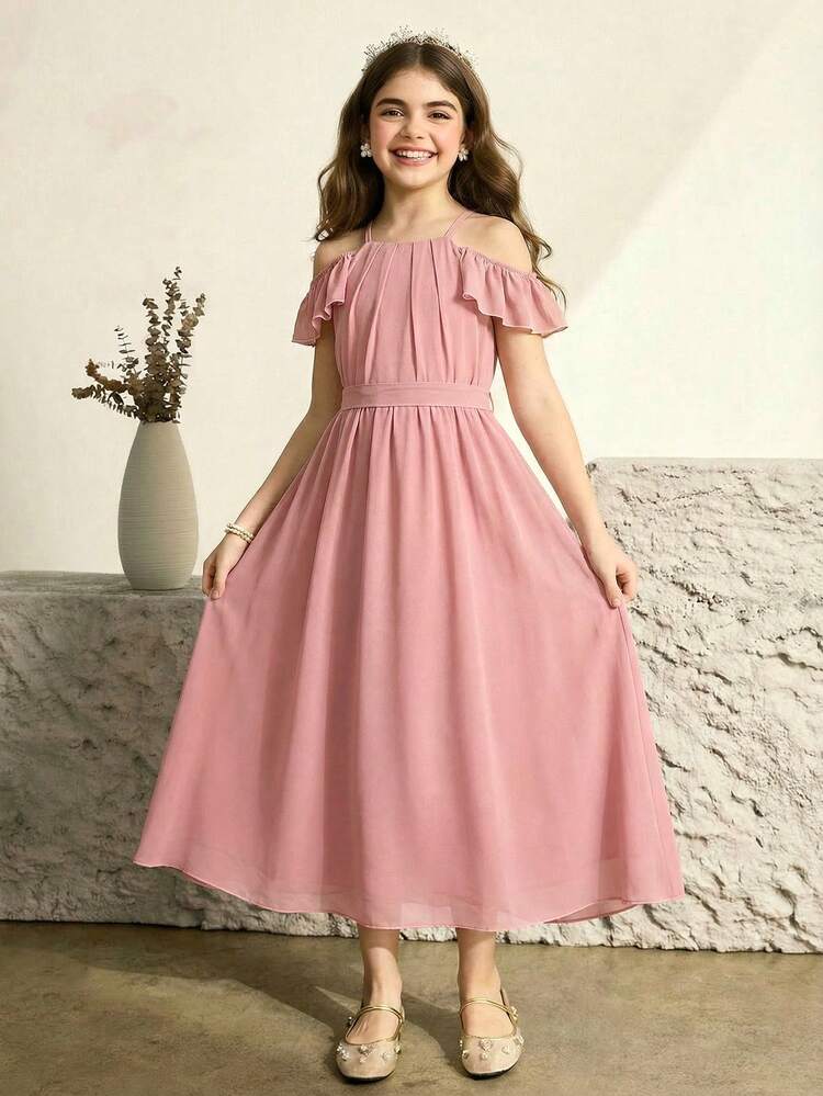 girls pink maxi dress Pink Floor Length Chiffon Bohemian Junior Twirl Maxi Dress- Wedding, Flower Girl, Boho Beach, Comfortable, Photoshoot, Birthday, Party