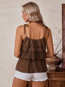 LanaWest 女士新款棕色梭织刺绣花卉方领系带蝴蝶结松紧腰A字宽松休闲舒适百搭日常西式波西米亚风度假上衣 - 咖啡棕 - 查看 2