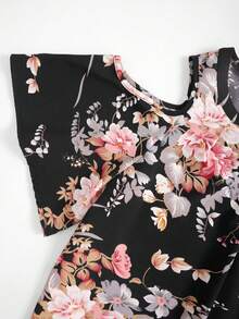 SHEIN PETITE Petite Women's Floral Print Off-Shoulder Short Sleeve Casual Vacation Shirt, Spring/Summer - Black - View 6