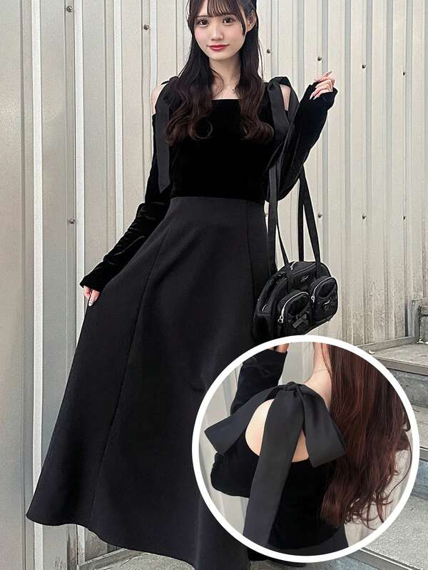 FRIFUL Women's Off-Shoulder Bow-Tie Strap Decor Velvet Patchwork Waist Robe, Elegant Robe Gown Spring