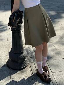 Livesso Casual Pleated Waist Elastic Waist Skirt, Elegant Office/Commute Wear, Spring/Summer - Khaki - View 6