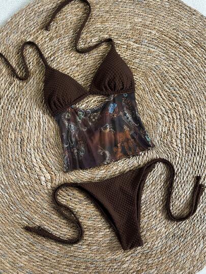 Soleia 女士夏季沙滩拼接腰果花卉印花露背系带时尚吊带泳衣套装