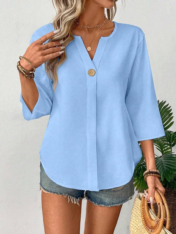 Balvessa Women's Simple Solid Color V-Neck 3/4 Sleeve Button Design Shirt, Commuter Friendly