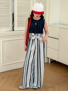 Dazy Kids Bộ áo liền quần không tay dáng rộng, thắt eo, họa tiết kẻ sọc, phối màu, dành cho bé gái tuổi teen, thích hợp cho mùa hè. - Màu xanh hải quân - Xem 1