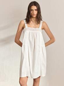 Ocili 100% Cotton Embroidered Lace Trim Comfortable Sleepwear Dress, Women Casual Home Dress - White - View 4