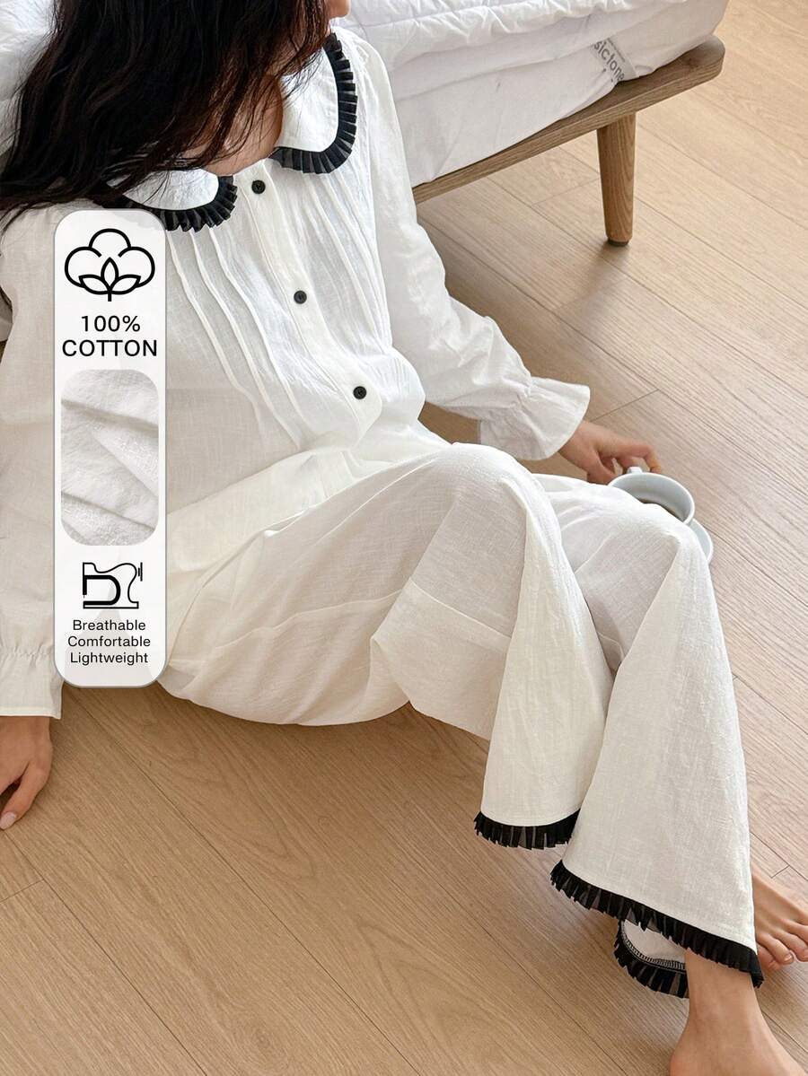 DAZY 白色优雅撞色褶皱彼得潘领女士睡衣套装 - 白色 - 查看 1