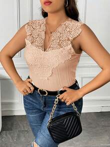 SHEIN Frenchy Top de verano de talla grande con unicolor, sin mangas, con aplicaciones de encaje y ajustado - Albaricoque - Ver 4