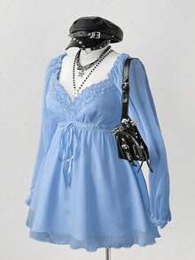 Sunspun Plus Size Women Lace Trim Knot Design Ruched Fashionable Versatile Long Sleeve Blouse - Blue - View 7