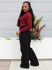 Steph T Y2K 时尚休闲街头水钻洗水阔腿牛仔裤 - 黑色 - 查看 6