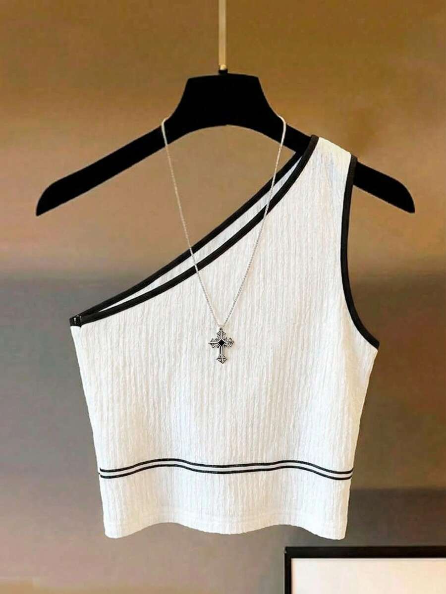 Franclia 女士白色单肩背心，黑色滚边，可爱夏季背心，沙滩度假装 - 白色 - 查看 1