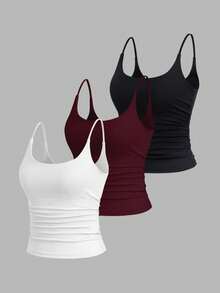 Sweetra 3pcs/Set Women's Sexy Short Casual Commuter Versatile Daily Spaghetti Strap Square Neck Camisole In Apricot, Coffee Brown And Black - Multicolor - View 4