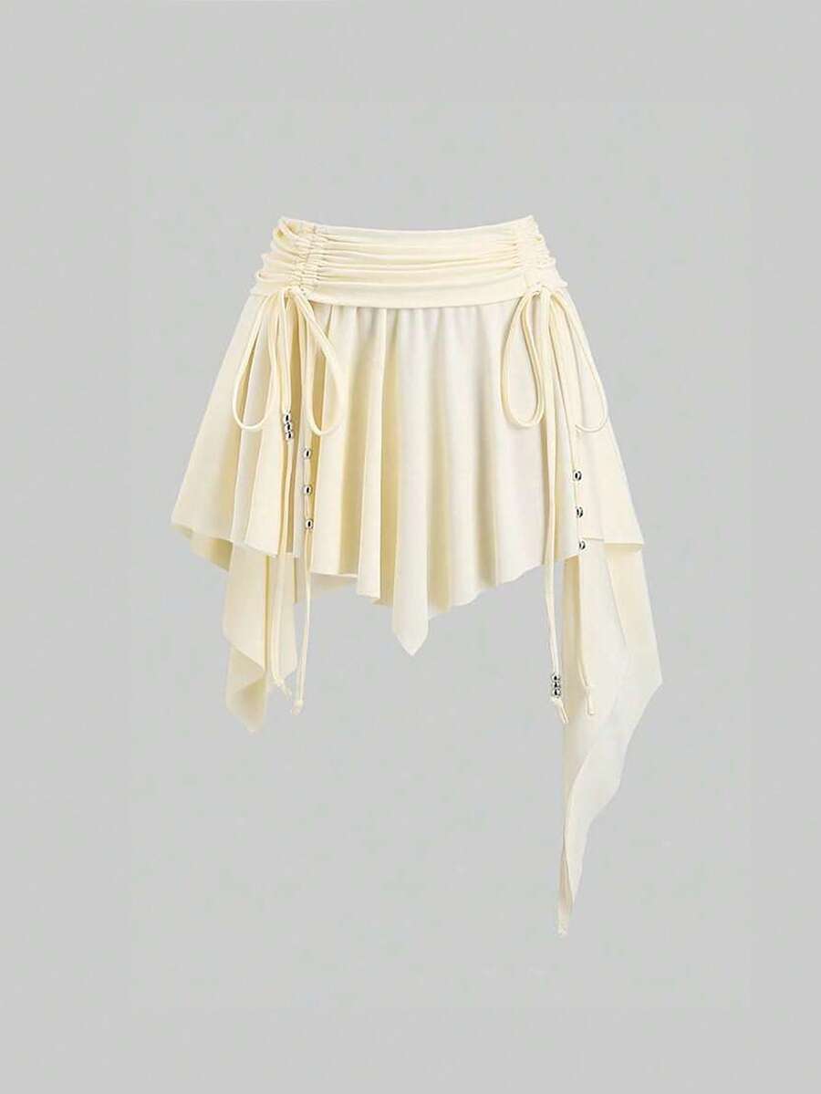 Sweetra Petite Bohemian Style Ruched Waist Asymmetrical Hem Brown Skirt, Suitable For Petite, Spring/Summer - Light Yellow - View 1