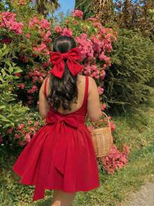 SHEIN MOD 大码优雅纯色蝴蝶结装饰露背无袖连衣裙，夏季 - 紅色 - 查看 8