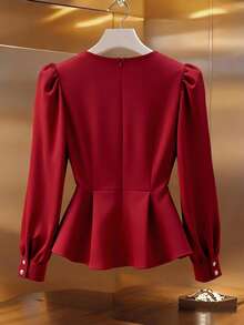 GlowEve CURVE 大码女式纯色方领纽扣设计泡泡袖优雅衬衫 - 紅色 - 查看 2