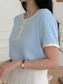 DAZY 女士休闲撞色滚边短袖T恤，夏季 - 藍色 - 查看 4