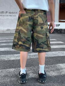 SHEIN Little Byeori 青少年男孩時尚返校街頭風休閒混搭百搭設計復古Y2K舒適迷彩圖案設計多口袋深綠色寬鬆牛仔短褲兒童男孩柔軟日常穿著夏季電音節與海灘 - 軍綠色 - 查看 4