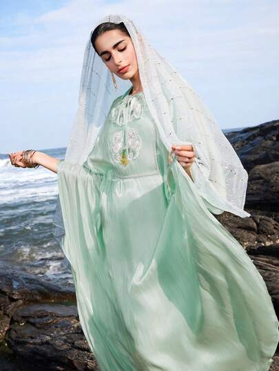 Al Najma Women's Floral Embroidery Tie Neck Batwing Sleeve Elegant Arabic Dress