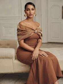 Anewsta Váy bó sát vai cổ khoét nơ thanh lịch Anewta với thiết kế viền bèo nhún bất đối xứng, Đầm dự tiệc - màu nâu - Xem 5