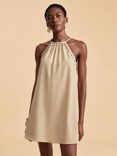 Travachic Shell Decor Linen Solid Color Sleeveless Casual Vacation Dress,Suitable For Holiday, Date, Afternoon Tea, Vacation, Music Festival, Boho ,Summer Dress,Beach Vacation Outfits For Women,Linen,Beach