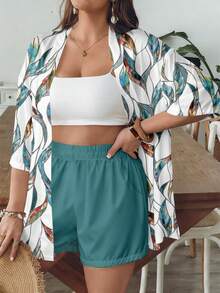SHEIN VCAY 休闲复古树叶印花宽松加大码女式衬衫短裤两件套，适合夏季穿着 - 彩色 - 查看 5