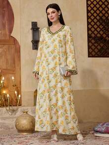 Al Najma Women's V-Neck Floral Print Casual Modest Party & Outing Arabic Style Dress - Multicolor - View 3