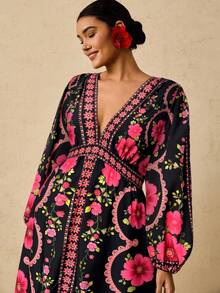 Travachic Plus Size Women's Black & Red Floral Print Maxi Dress, V-Neck Long Sleeve Long Dress, Autumn Dress - Pink - View 3