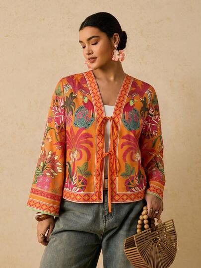 Travachic Plus Size Summer Vacation Plant Print Front Tie Loose Shirt