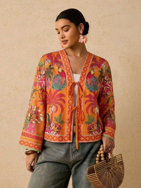 Travachic Plus Size Summer Vacation Plant Print Front Tie Loose Shirt