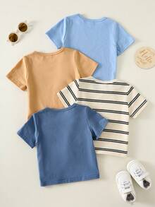 Bộ 4 áo thun ngắn tay in họa tiết và kẻ sọc dễ thương cho bé trai và bé gái, kiểu dáng thường ngày, thích hợp mặc mùa hè. - Nhiều màu - Xem 2