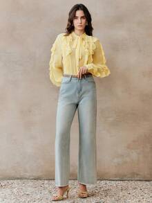 Anewsta Áo kiểu nữ thanh lịch, kiểu dáng tối giản, thắt nơ phía trước, tay dài, viền bèo nhún, màu vàng nhạt, thích hợp cho công sở. - Màu vàng - Xem 5