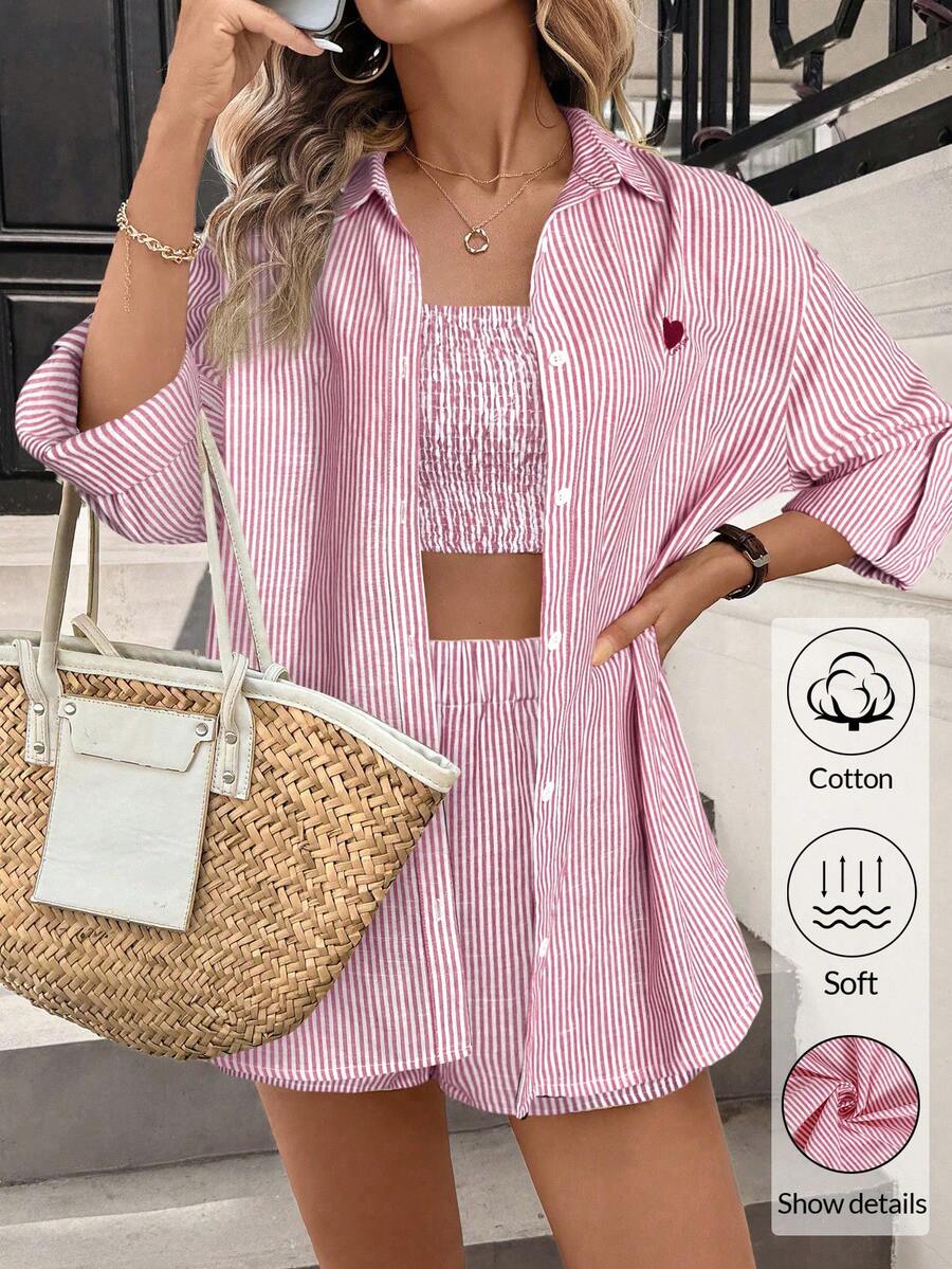 SHEIN LUNE 3件套女士休闲条纹刺绣抹胸上衣、衬衫和短裤套装，适合情人节和度假海滩装扮，女士街头休闲衬衫，女士度假装扮，女士夏季假日装扮，沙滩套装，女士度假装扮，女士夏季装扮，女士夏季套装，女士红色上衣，红色休闲上衣 - 紅白色 - 查看 1