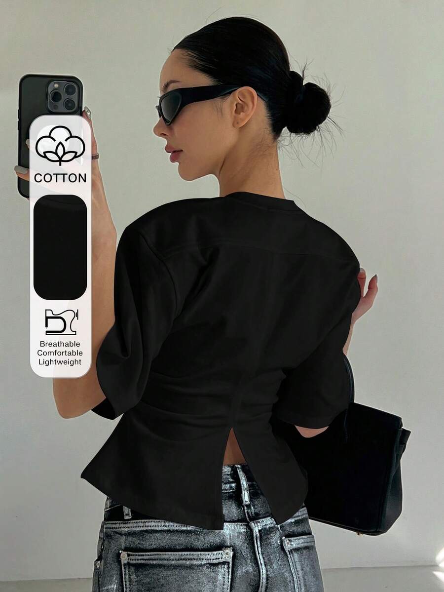 Strévra 女式夏季纯色圆领短袖休闲 T 恤，背部有褶饰 Y2k