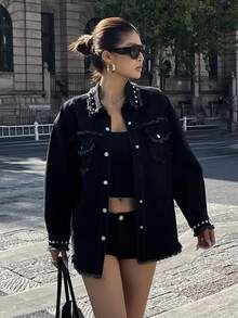DAZY Women's Rivet Decor Long Sleeve Single-Breasted Frayed Hem Casual Denim Jacket Y2k - Black - View 5