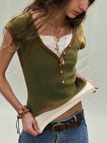 SoleilVie 女士简约休闲蕾丝拼接心形领口撞色滚边修身短袖T恤 情人节 - 綠色 - 查看 7