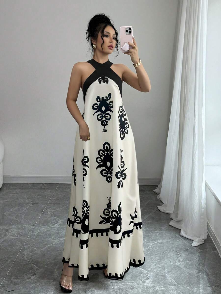 Rafferiza 女士夏季法式度假风黑色拼接露背蝴蝶结吊带长款印花休闲连衣裙 - 杏色 - 查看 1