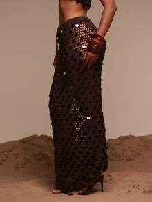 Musera Resort Váy maxi dệt kim hở đính sequin, chỉ dùng để che chắn khi đi bơi, du lịch mùa hè, đồ đi biển Terra Sol mùa xuân - Màu nâu Sô-cô-la - Xem 3