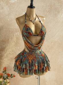 Soleia 女士夏季度假印花露背上衣和荷叶边迷你裙两件套 - 彩色 - 查看 4