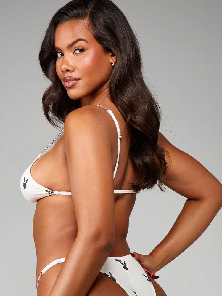 Missguided x Playboy Chain Detail Bunny Print Triangle Bra And Thong Panty Set With Metal Hardware Accents Intimate Lingerie Collection
