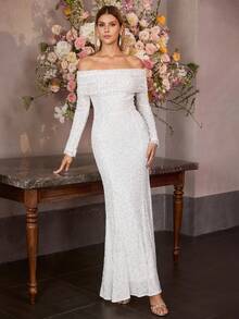 MOTF Soiréza VESTIDO FORMAL LARGO DE MUJER CON HOMBROS DESCUBIERTOS, ENCAJE ELÁSTICO, BORDADO Y CUENTAS - Blanco - Ver 6