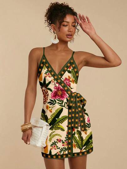 Travachic Casual Minimalist Vacation Bohemian Elegant Romantic Retro Tropical Plant & Fruit Print Pattern Spaghetti Strap Tie-Up Hem Women's Mini Dress, Comfortable For Spring/Summer Spring