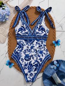 Swim Chiccia Women's Summer New Seaside Vacation Casual Elegant One-Piece Swimsuit, Floral Retro Print Sexy V-Neck Backless One-Piece Swimwear - Blue and White - View 3