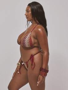 MUSERA Áo bikini kiểu yếm đan móc cỡ lớn, chỉ dành cho kỳ nghỉ, du lịch, dễ thương, lãng mạn, mùa hè, gợi cảm, phù hợp với đường cong cơ thể, thích hợp cho đường cong. - Màu Đỏ Sâu - Xem 3