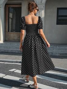 EMERY ROSE Women's Spring And Summer Knitted Dot Linen-Mix One-Shoulder Ruffled Bow Bubble Sleeve A-Line Tea Dress, Black And White Polka Dot Elegant Style - Black - View 2