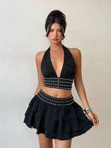 Aloruh Women's Rivet Decor Halter Backless Top And Mini Skirt 2 Pieces Set - Black - View 5