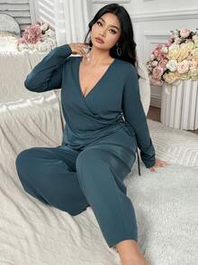 Dazy Plus 2件套女士加大码纯色V领长袖上衣和直筒裤休闲睡衣套装，春秋季 - 水鴨藍 - 查看 2